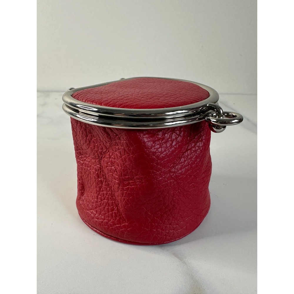 Danier Red Pebbled Leather Kiss Lock Coin Purse Bucket Pouch Silver Hardware